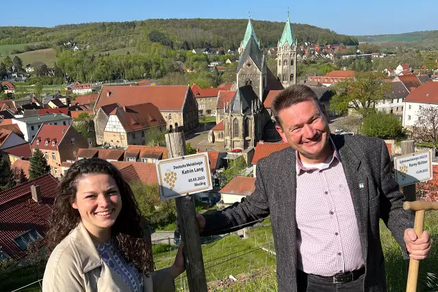 Deutsche Weinkönigin Katrin Lang pflanzt Rebe im Schlifterweinberg bei Freyburg.