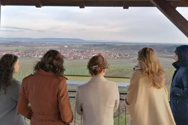 DeutschlandTour durch die Heimat des Silvaners. Hier genießen die Deutschen Weinmajestäten Katrin Lang, Luise Böhme und Juliane Schäfer die Aussicht am Terroir-f in Franken.