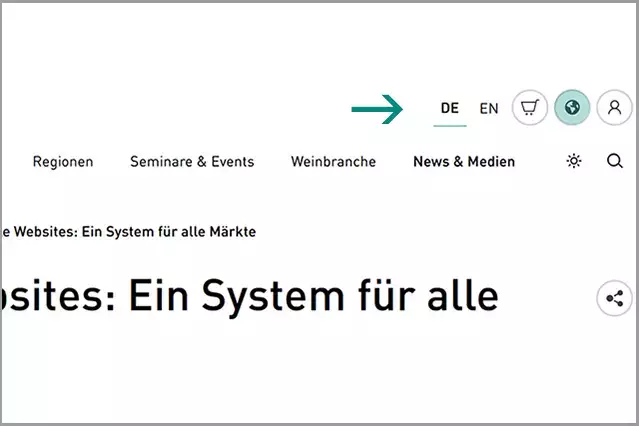 Eine Übersicht mit Links zu allen Märkten und Websites erhalten Nutzer/innen beim Klick auf die kleine Weltkugel oben rechts auf deutscheweine.de. Links daneben findet sich das Symbol für den Online-Shop, rechts der Button zum LogIn in die DWI-Datenbank.